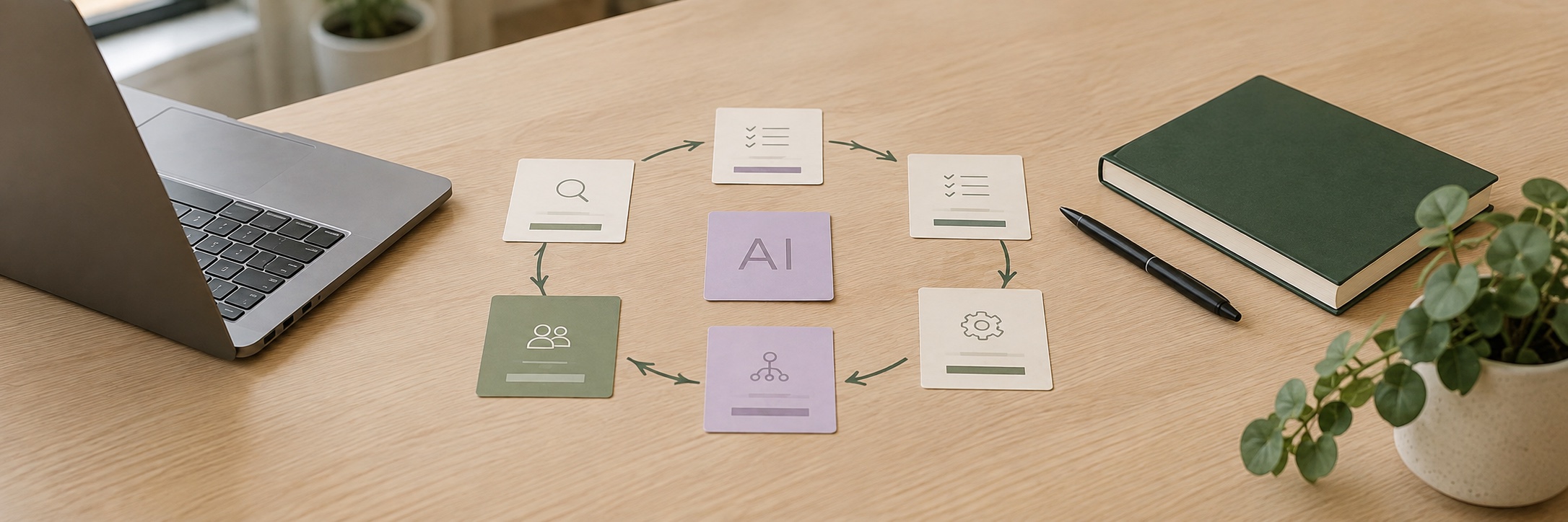 A circular operating workflow arranged around an AI card on a worktable.