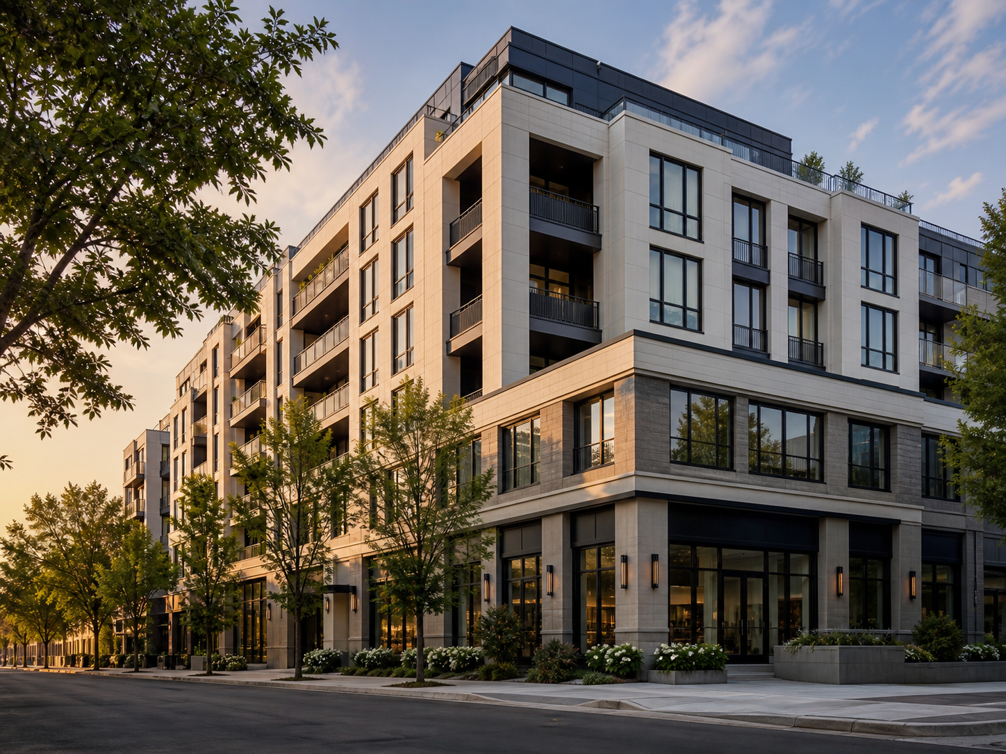 A modern mixed-use real estate development with warm stone and landscaped terraces.